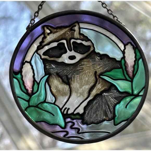 Unbranded Other - Vintage Raccoon Stained Glass Suncatcher Nature 3.5” Outdoor Home Decor Hanging